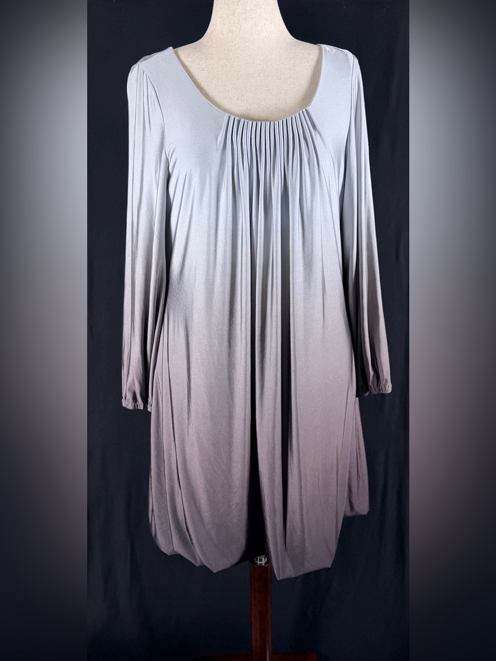 Oleg Cassini Blouson Dress Gray Purple Ombre Midi Swing Bubble Hem Pleated flowy